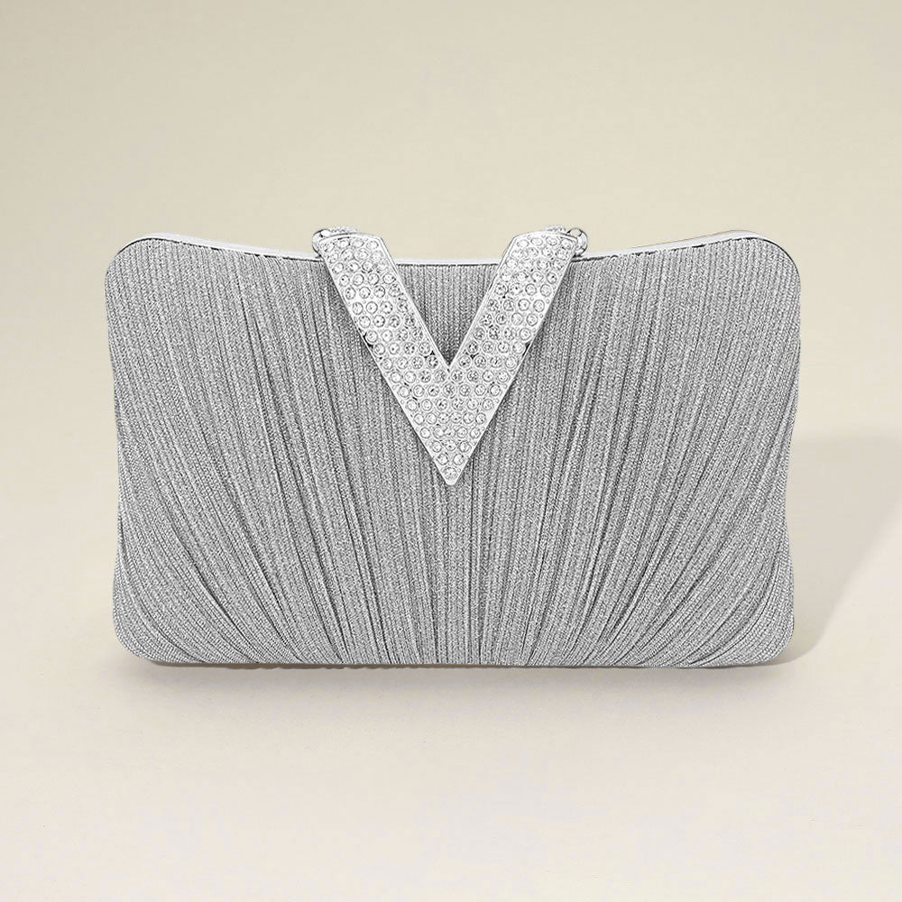 Sparkle Fabric Stone Paved V Fold Evening Clutch Crossbody Bag