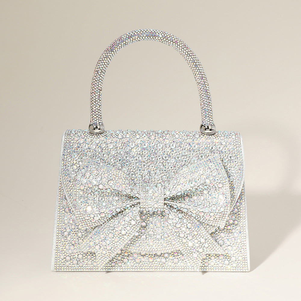 Bling Studded Bow Accented Top Handle Evening Hand Bag / Crossbody Bag
