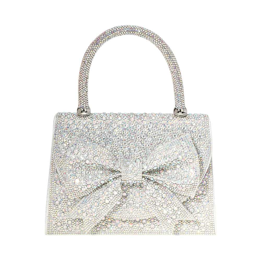 Bling Studded Bow Accented Top Handle Evening Hand Bag / Crossbody Bag