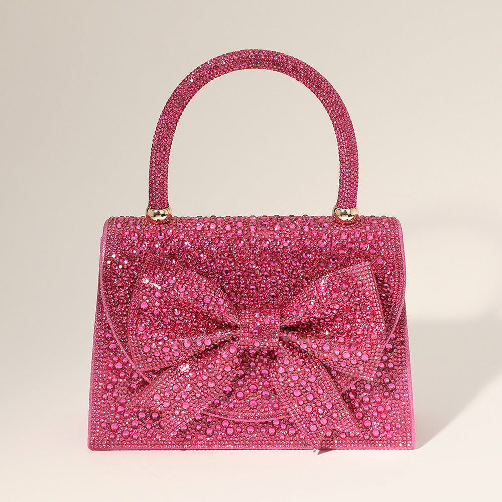 Bling Studded Bow Accented Top Handle Evening Hand Bag / Crossbody Bag