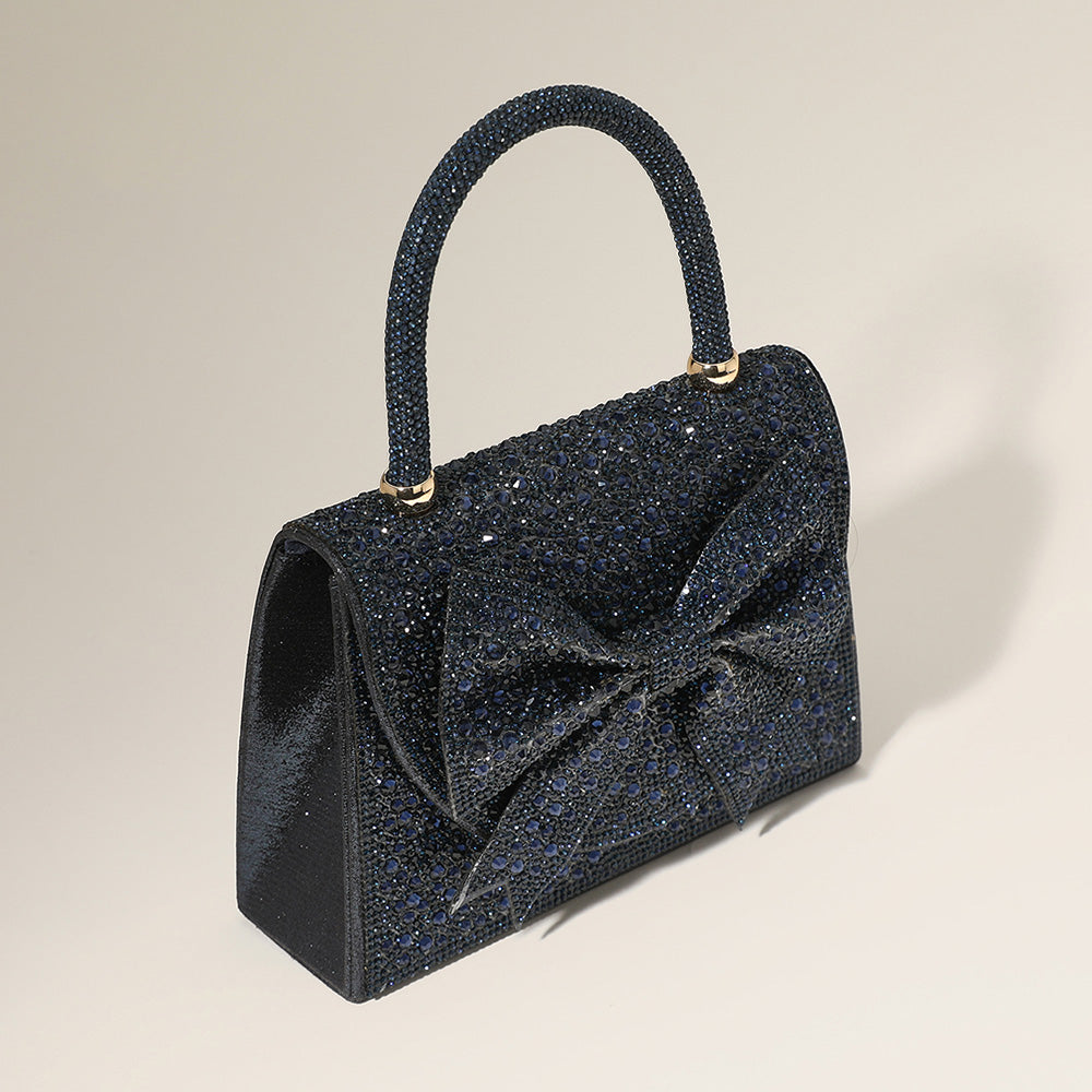 Bling Studded Bow Accented Top Handle Evening Hand Bag / Crossbody Bag
