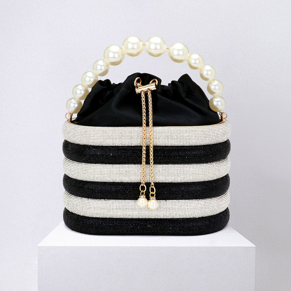 Bling Pearl Top Handle Drawstring Box Crossbody Bag