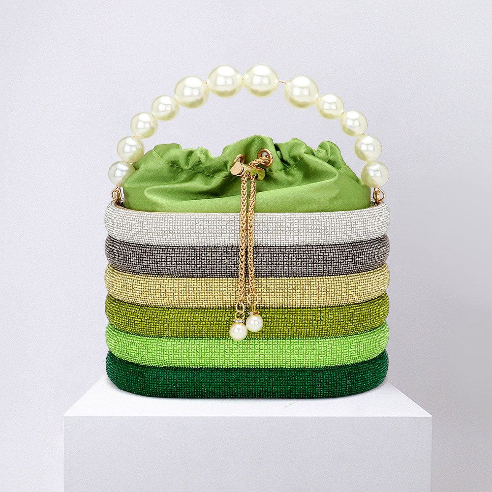 Bling Pearl Top Handle Drawstring Box Crossbody Bag