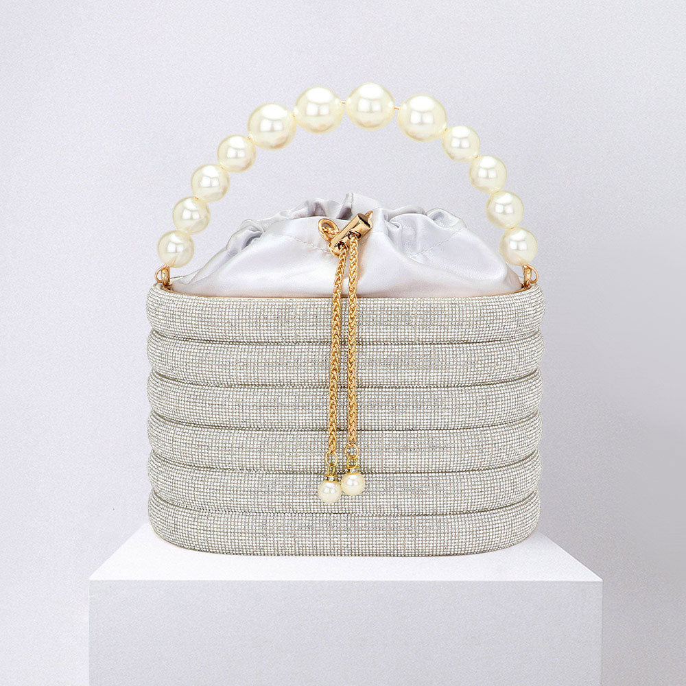 Bling Pearl Top Handle Drawstring Box Crossbody Bag