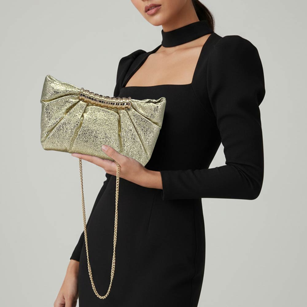 Pleated Metallic Sparkle Evening Clutch Crossbody Bag