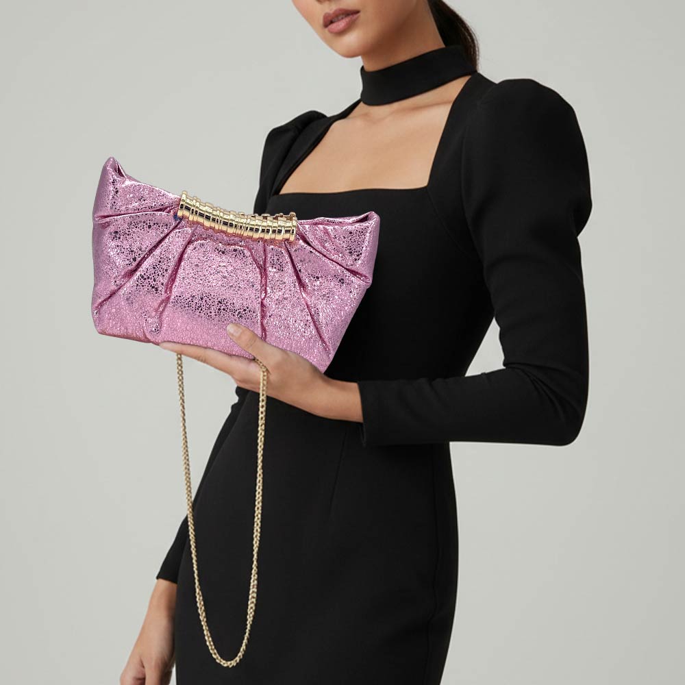 Pleated Metallic Sparkle Evening Clutch Crossbody Bag