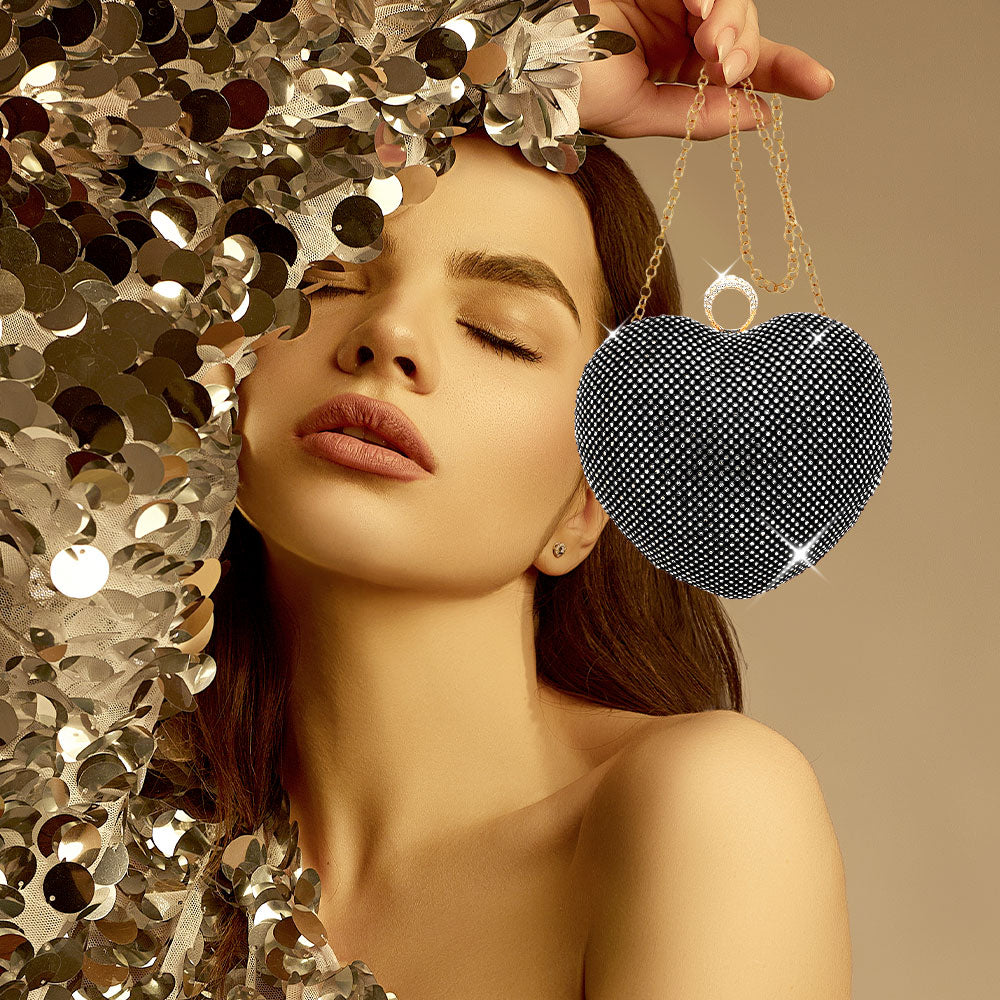 Rhinestone Embellished Heart Evening Clutch Crossbody Bag