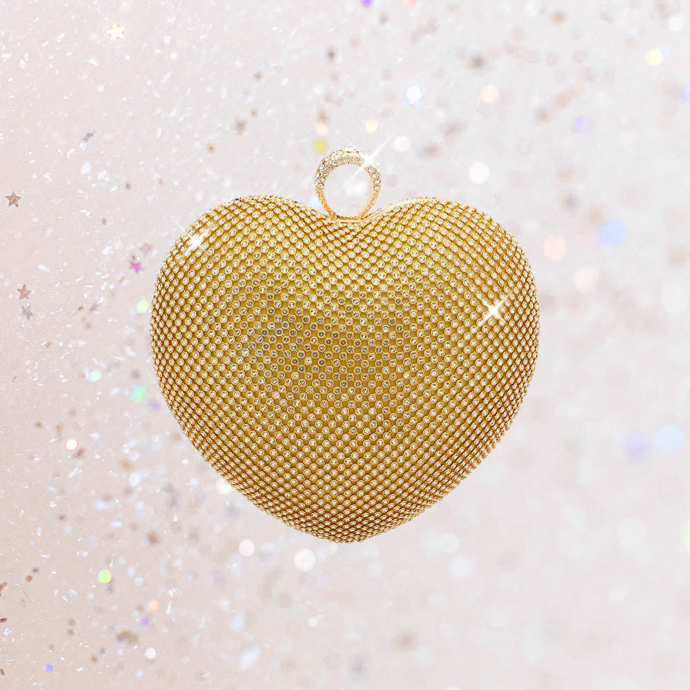 Rhinestone Embellished Heart Evening Clutch Crossbody Bag
