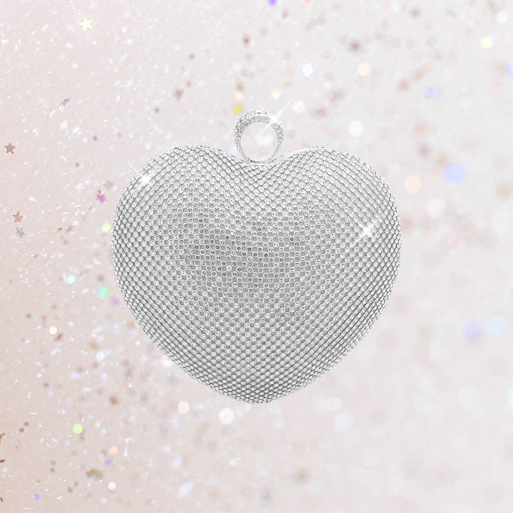 Rhinestone Embellished Heart Evening Clutch Crossbody Bag