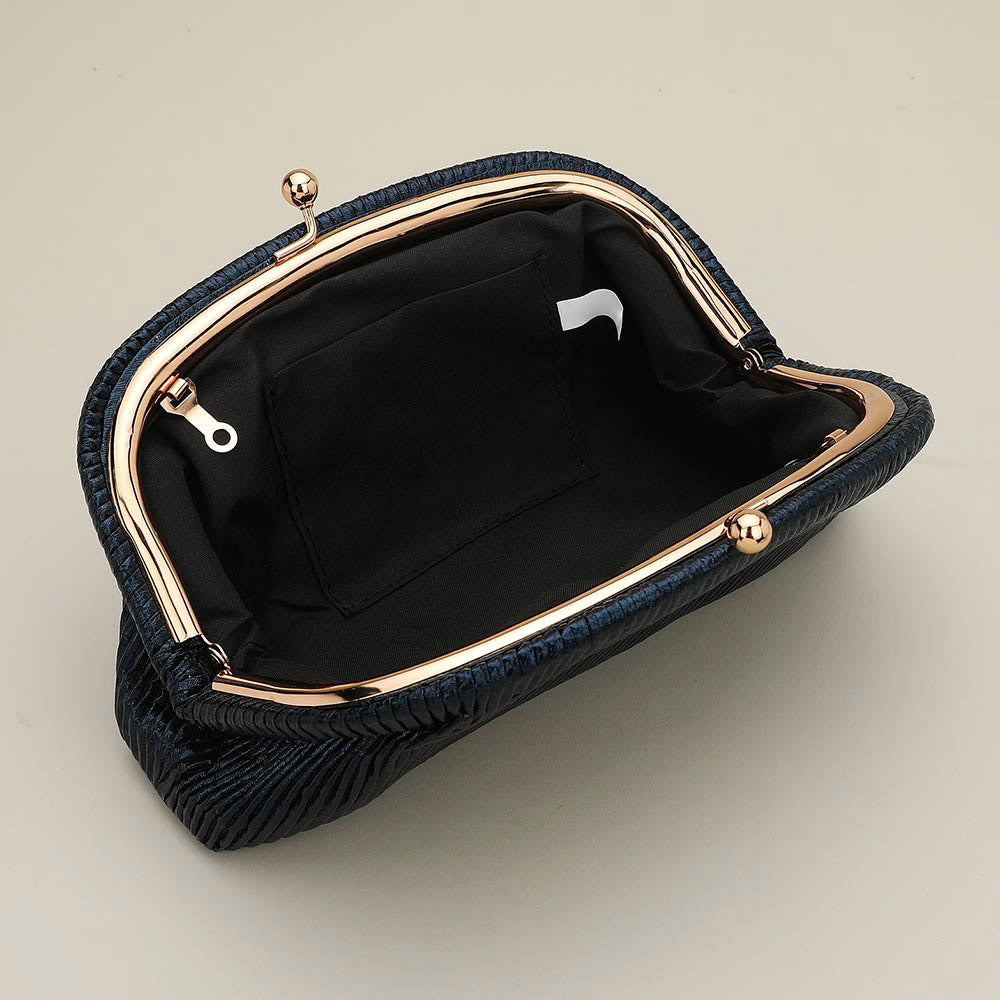 Faux Leather Metallic Pleated Half Moon Shape Evening Clutch Crossbody Bag