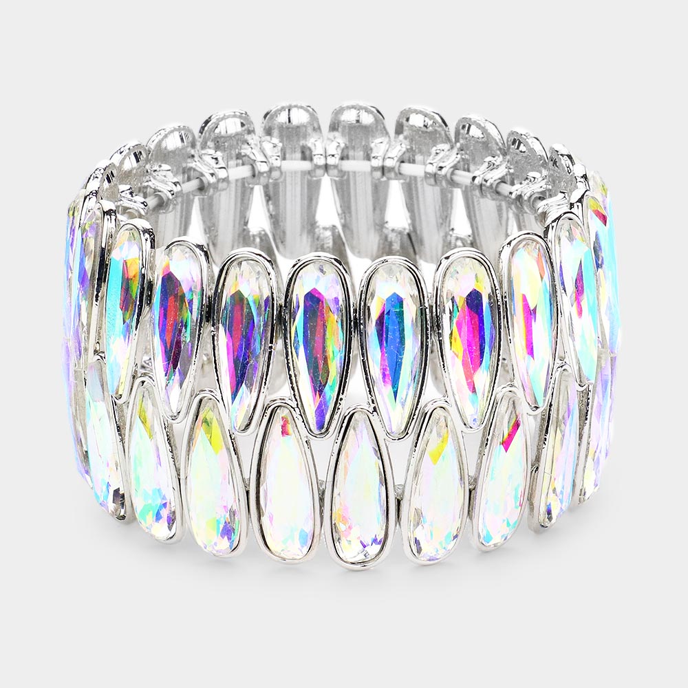 2Rows Elongated Teardrop Stone Cluster Stretch Evening Bracelet