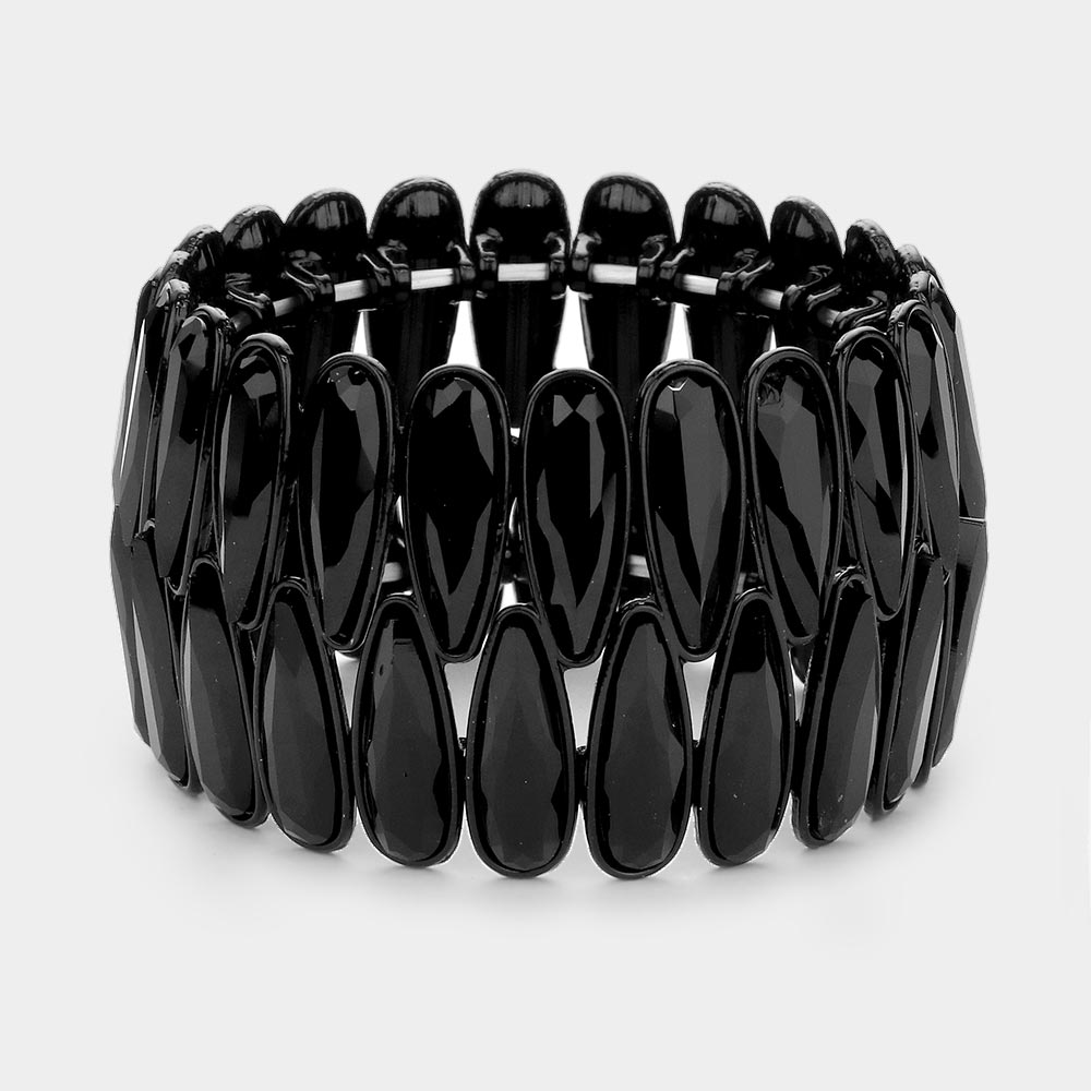 2Rows Elongated Teardrop Stone Cluster Stretch Evening Bracelet