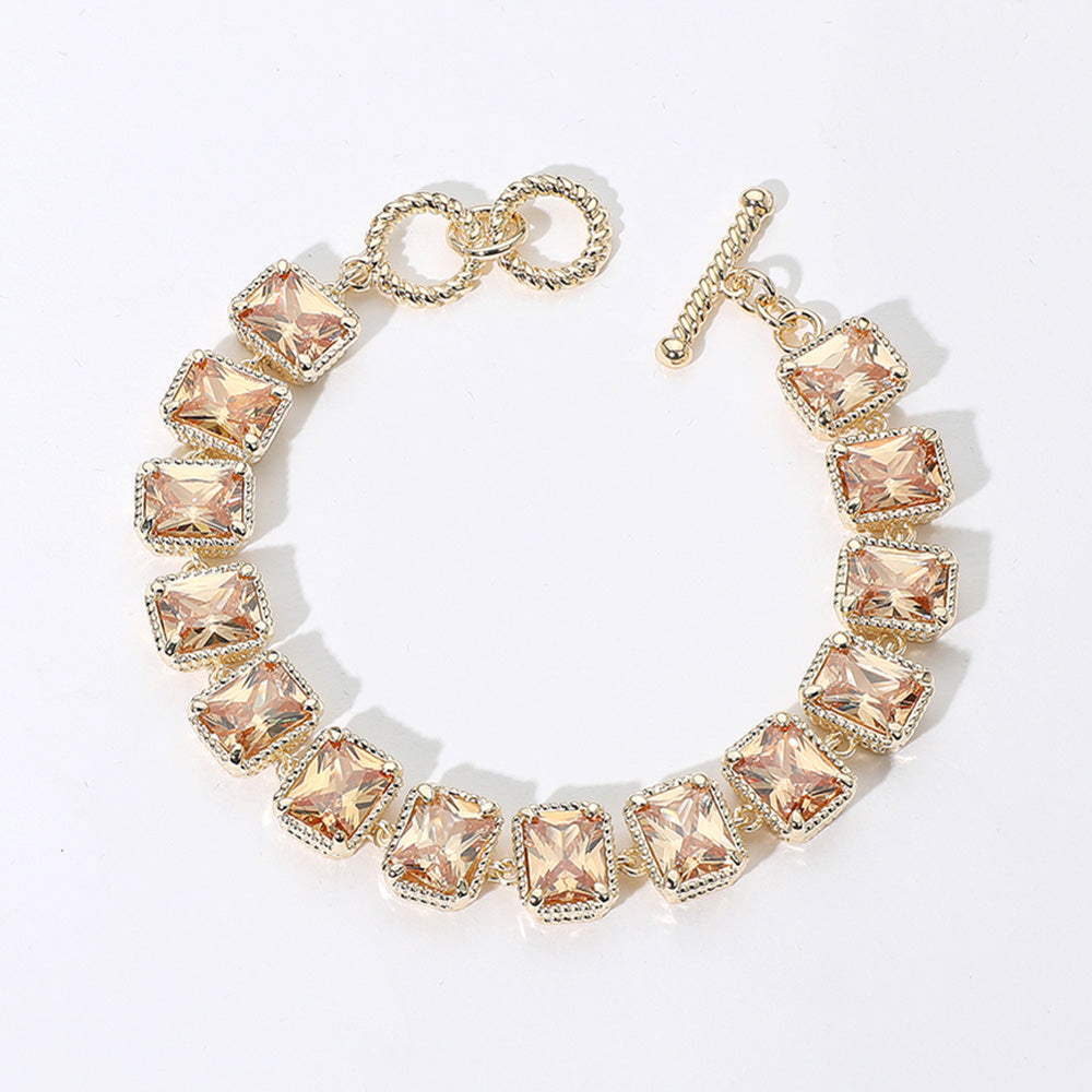 14K Gold Plated CZ Emerald Cut Stone Cluster Link Evening Toggle Bracelet