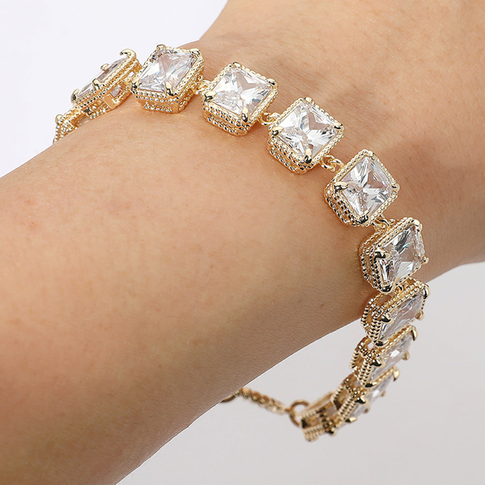 14K Gold Plated CZ Emerald Cut Stone Cluster Link Evening Toggle Bracelet