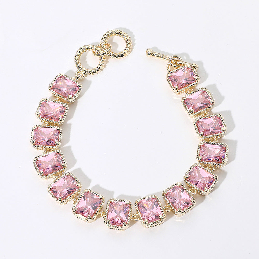14K Gold Plated CZ Emerald Cut Stone Cluster Link Evening Toggle Bracelet