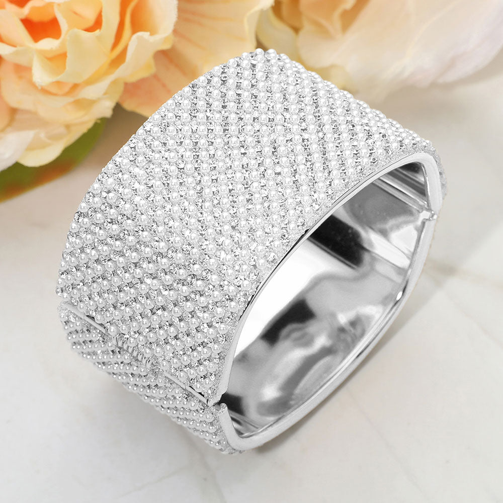 Women's Wide Pearl Paved Hinged Evening Bangle Bracelet