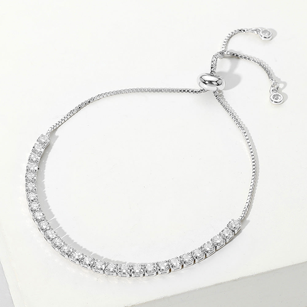 Stainless Steel Round CZ Stone Tennis Chain Pull Tie Adjustable Bracelet