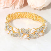 Marquise Pearl Rhinestone Pave Leaf Vine Embellished Adjustable Evening Bracelet