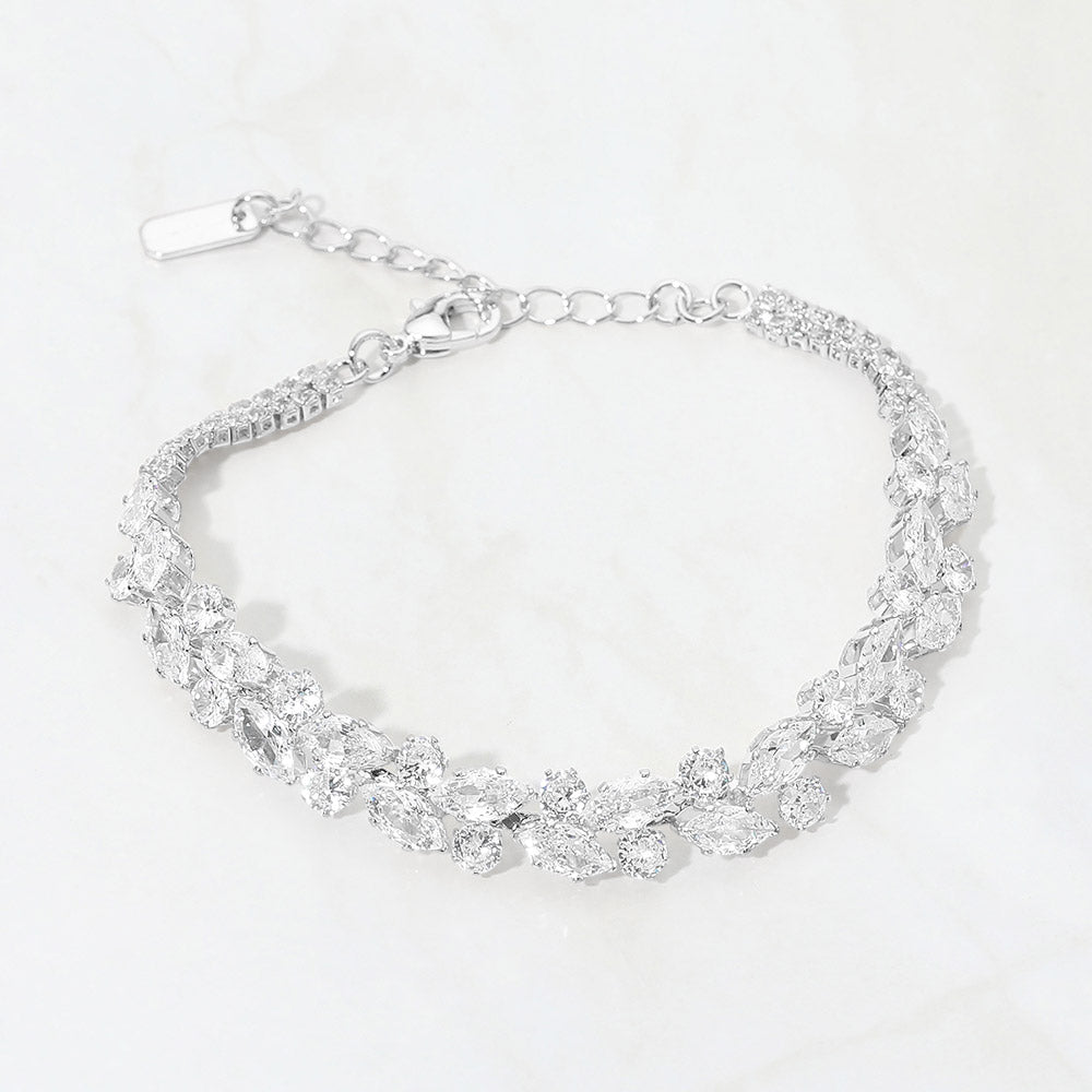 CZ Marquise Round Stone Cluster Link Evening Bracelet
