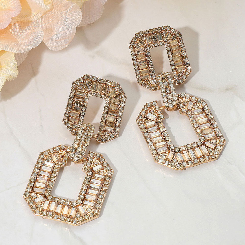 Bold Geometric Baguette Stone Embellished Door Knocker Evening Earrings