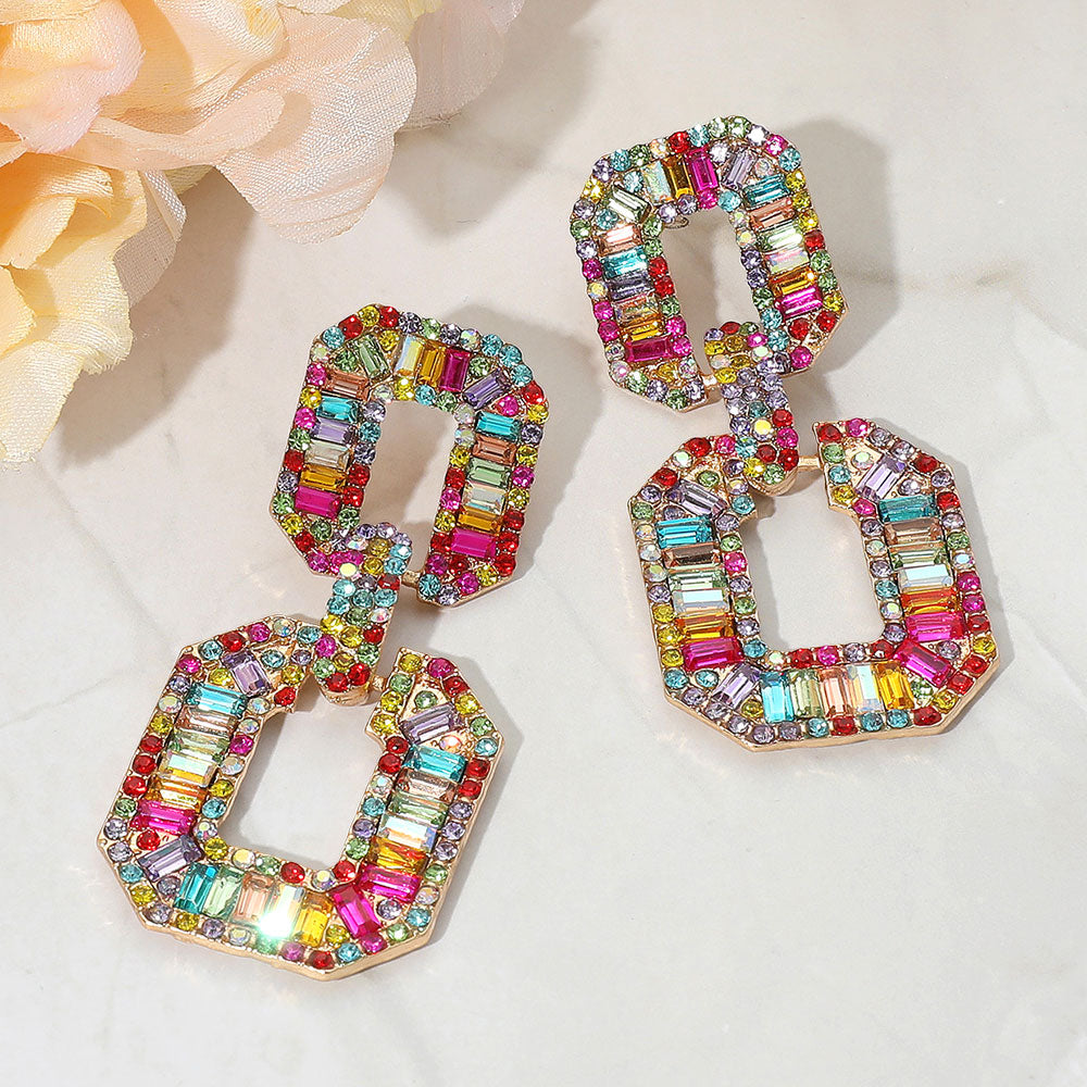 Bold Geometric Baguette Stone Embellished Door Knocker Evening Earrings