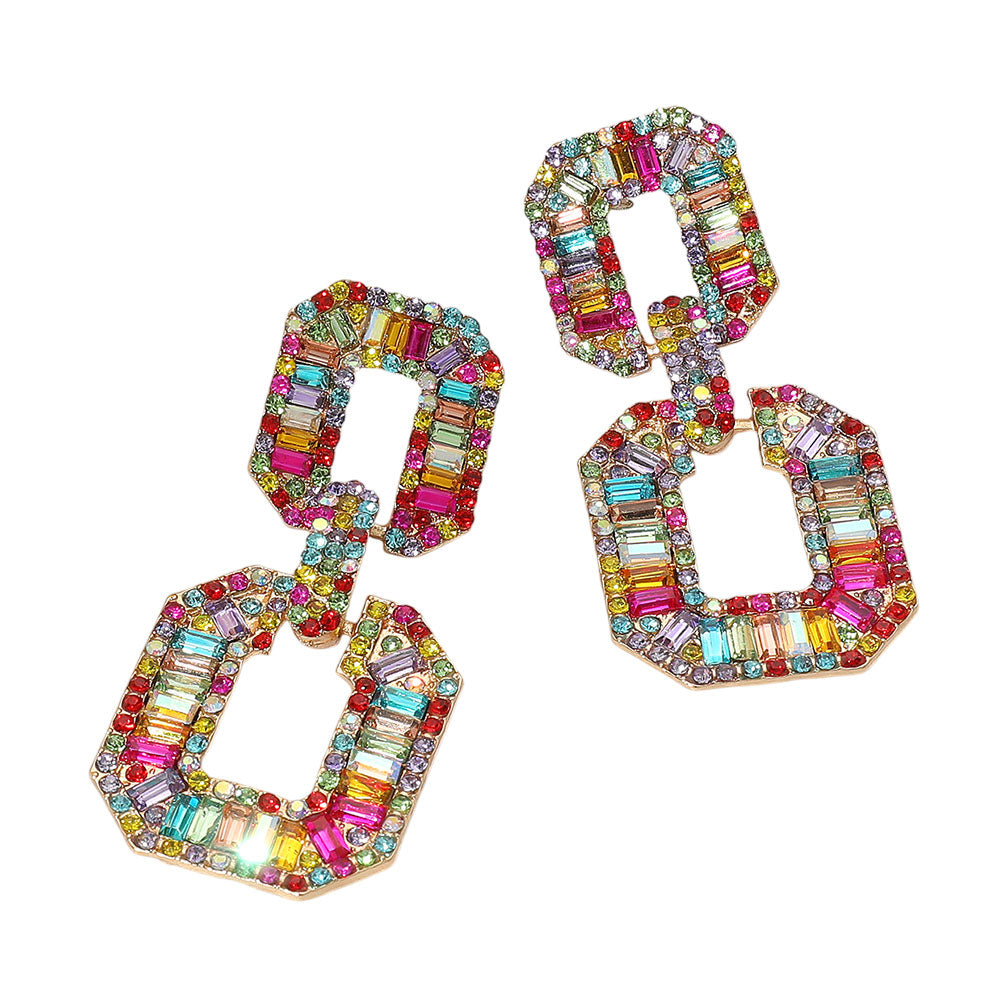 Bold Geometric Baguette Stone Embellished Door Knocker Evening Earrings