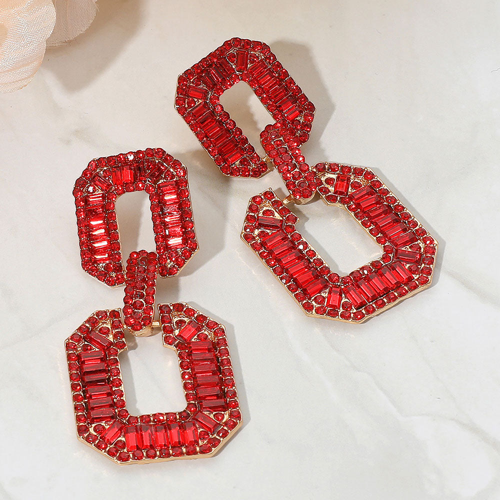 Bold Geometric Baguette Stone Embellished Door Knocker Evening Earrings