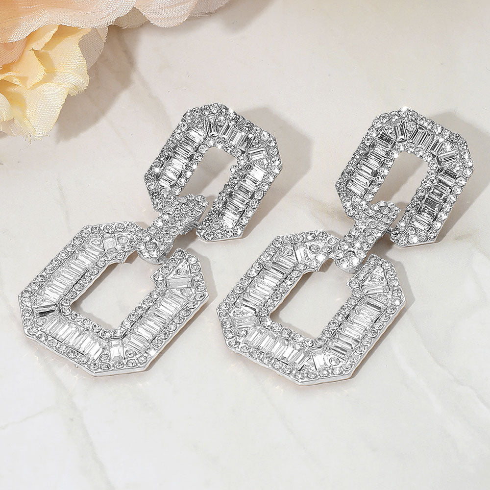 Bold Geometric Baguette Stone Embellished Door Knocker Evening Earrings