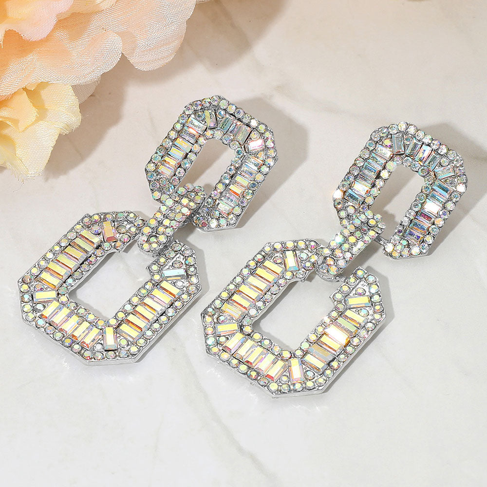 Bold Geometric Baguette Stone Embellished Door Knocker Evening Earrings