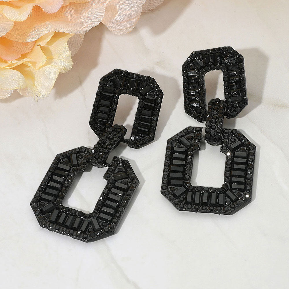 Bold Geometric Baguette Stone Embellished Door Knocker Evening Earrings
