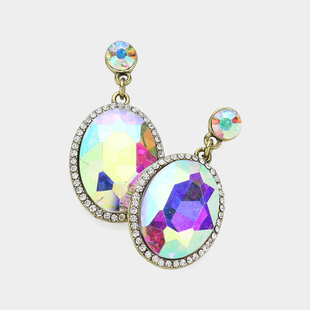 Oval Glass Crystal Stone Evening Earrings
