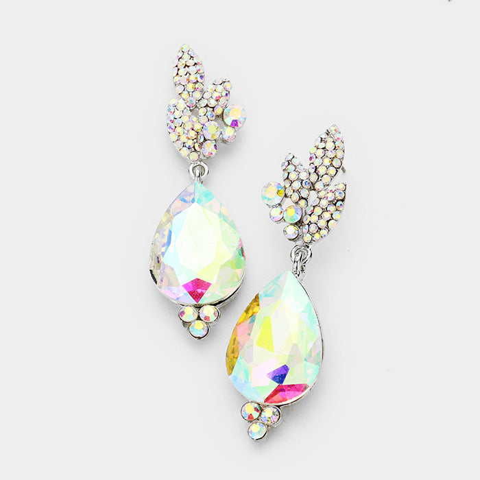 Rhinestone Pave Leaf Crystal Teardrop Evening Earrings