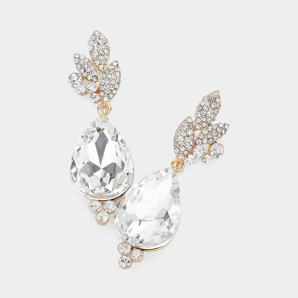 Rhinestone Pave Leaf Crystal Teardrop Evening Earrings