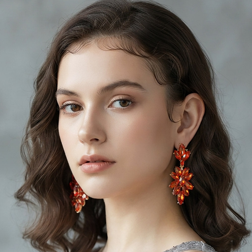 Marquise Glass Crystal Oval Cluster Vine Evening Earrings