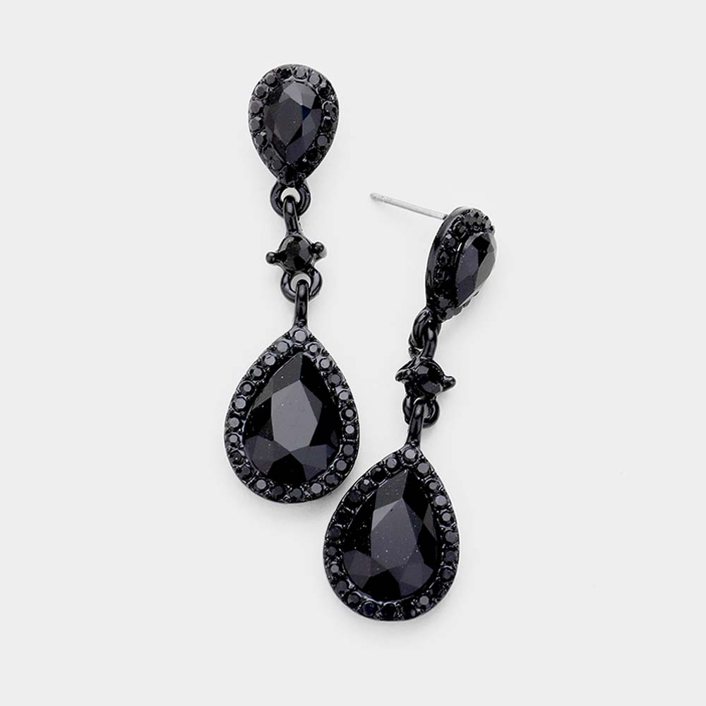 Double Teardrop Stone Accented Dangle Evening Earrings