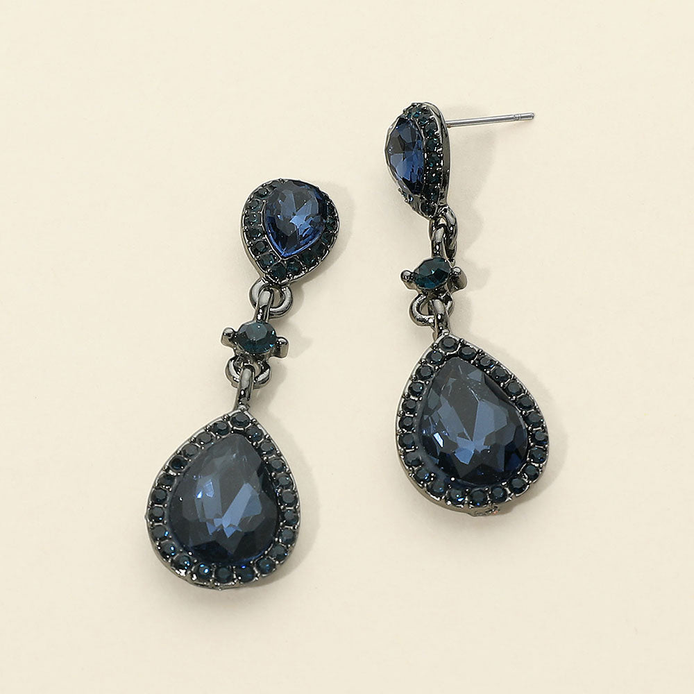 Double Teardrop Stone Accented Dangle Evening Earrings