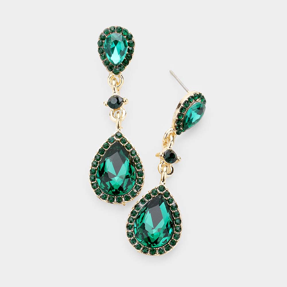 Double Teardrop Stone Accented Dangle Evening Earrings