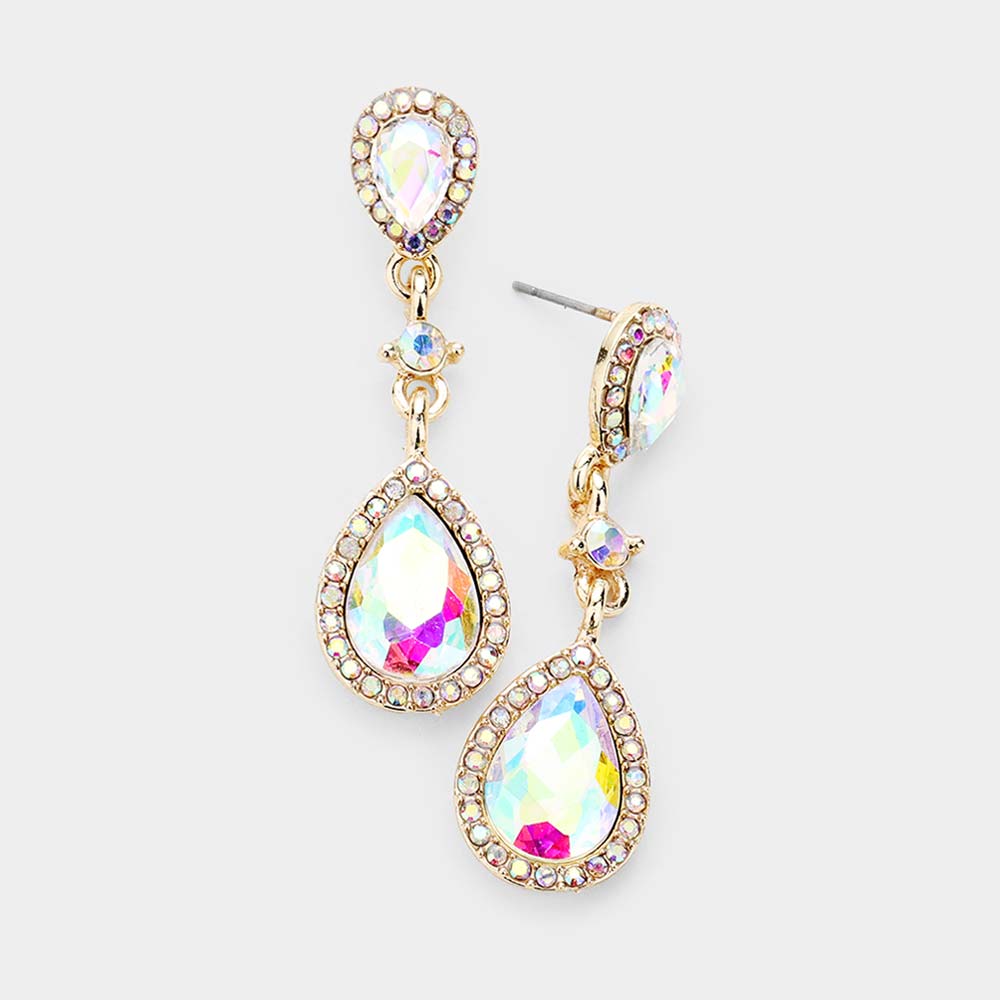 Double Teardrop Stone Accented Dangle Evening Earrings