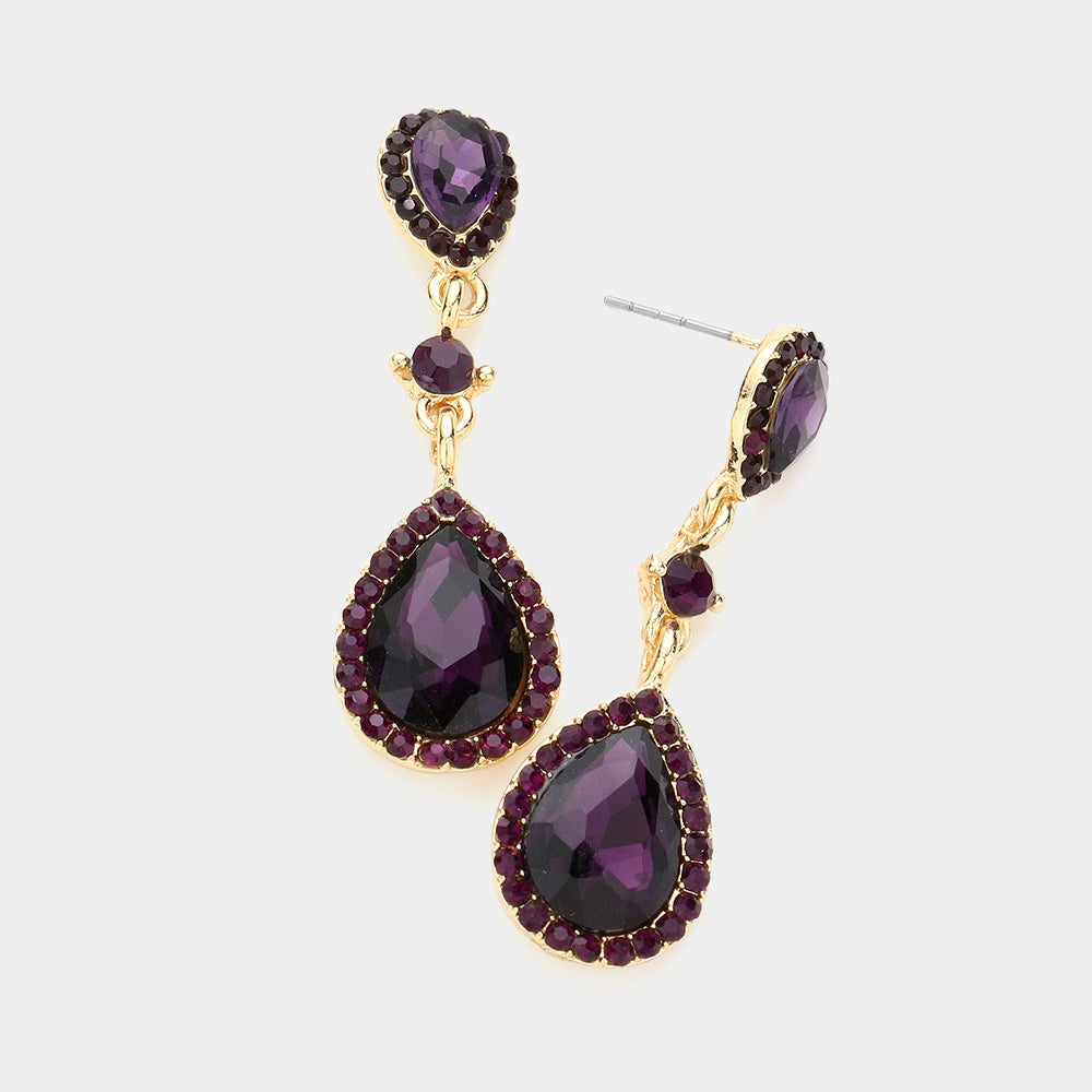 Double Teardrop Stone Accented Dangle Evening Earrings