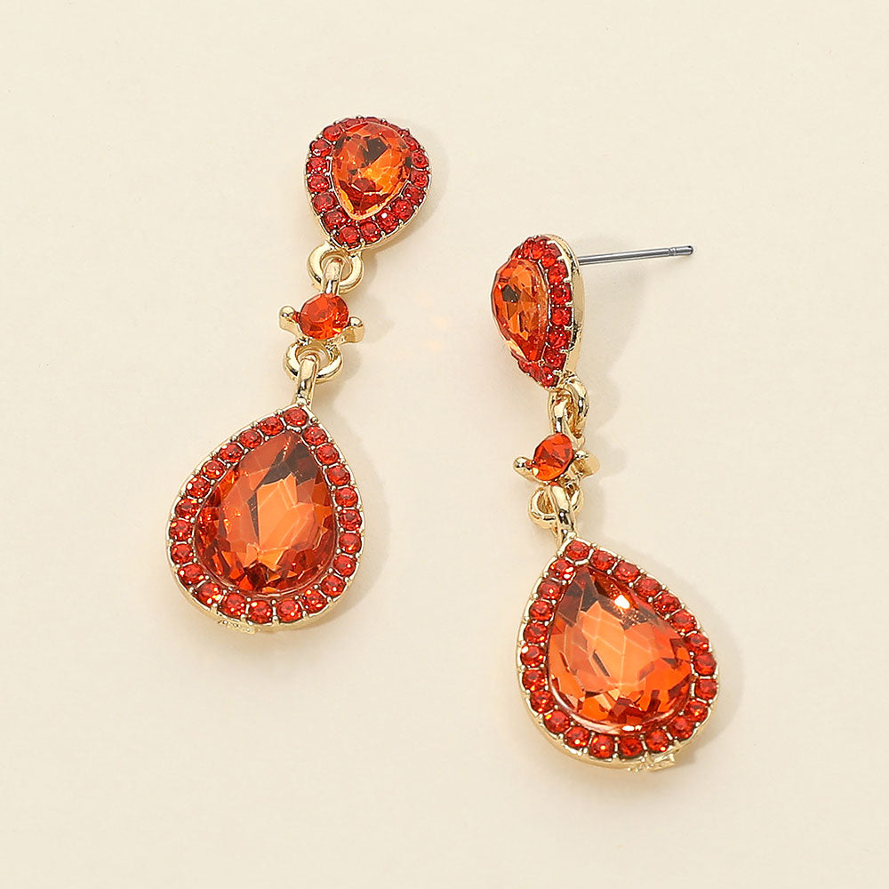 Double Teardrop Stone Accented Dangle Evening Earrings
