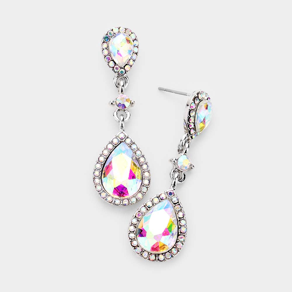 Double Teardrop Stone Accented Dangle Evening Earrings