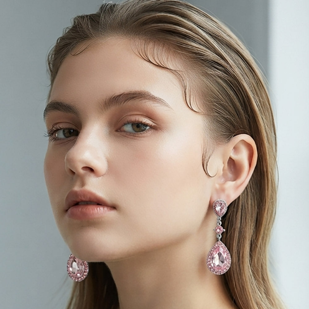 Double Teardrop Stone Accented Dangle Evening Earrings