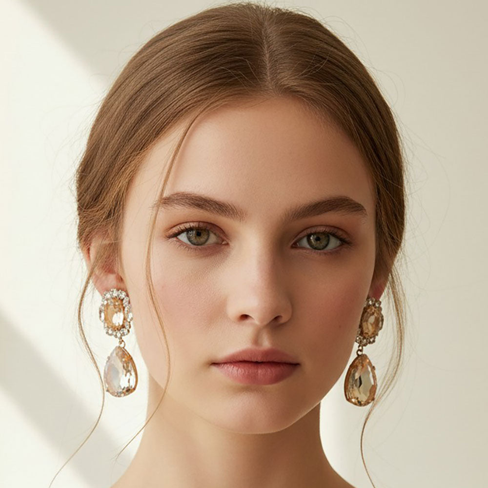 Faceted Oval Teardrop Stone Drop Statement Evening Earrings