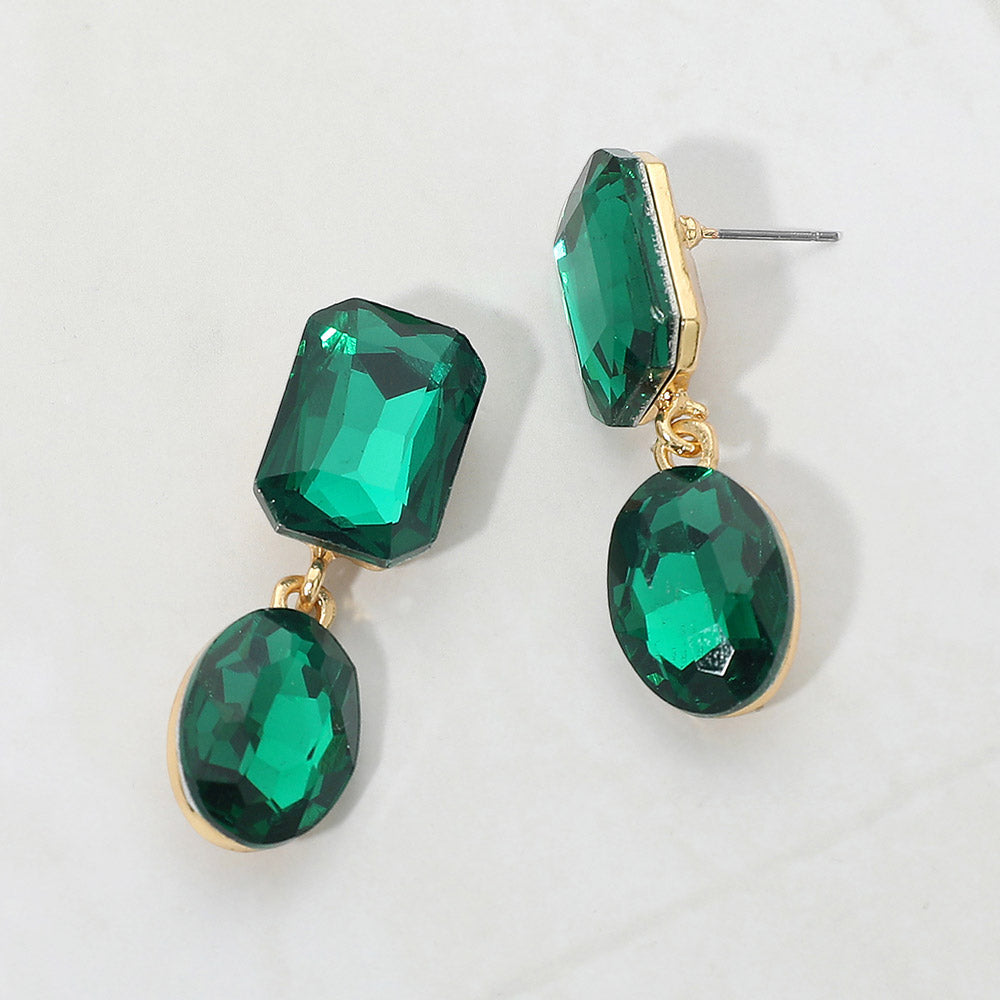 Oval Glass Stone Cluster Dangle Evening Earrings