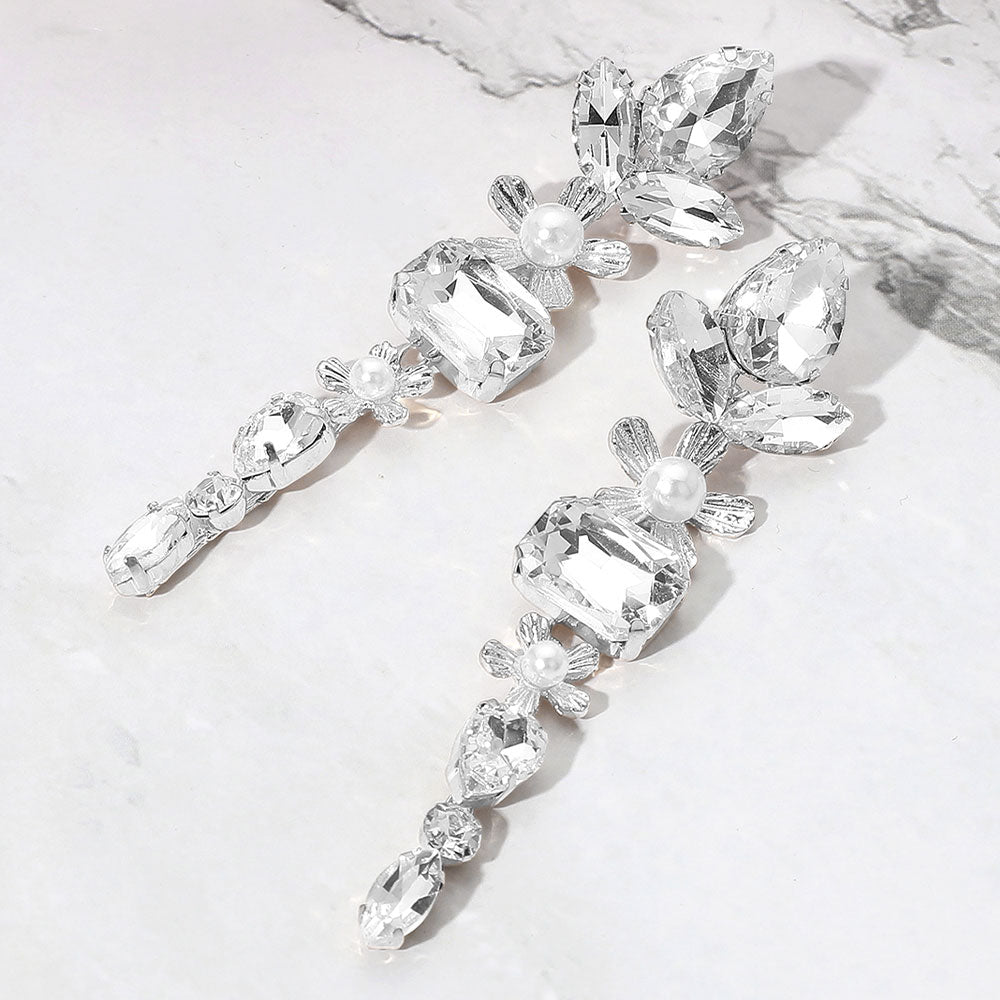 Pearl Accent Elegant Stone Cluster Drop Evening Earrings