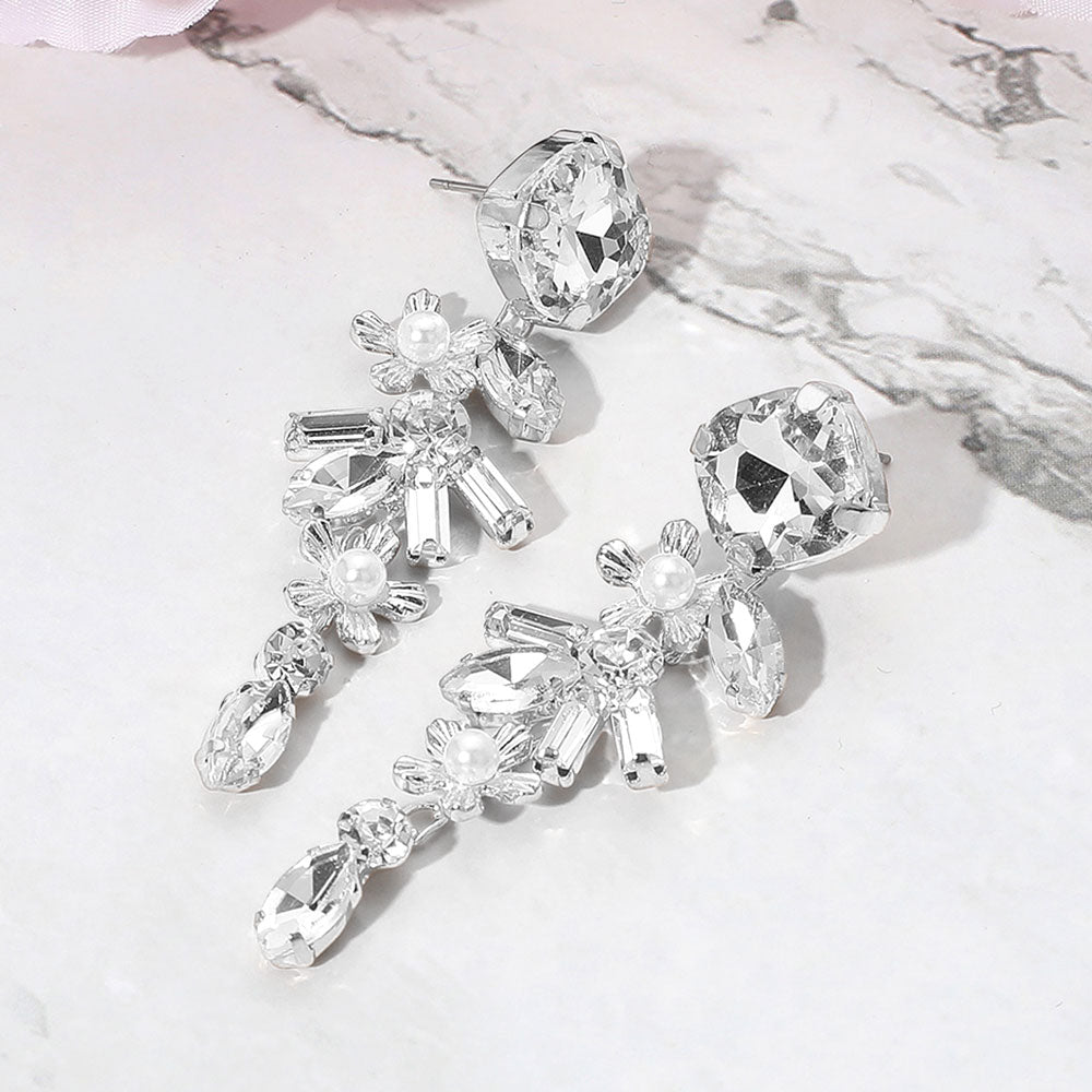 Pearl Accented Flower Stone Cluster Drop Evening Earrings