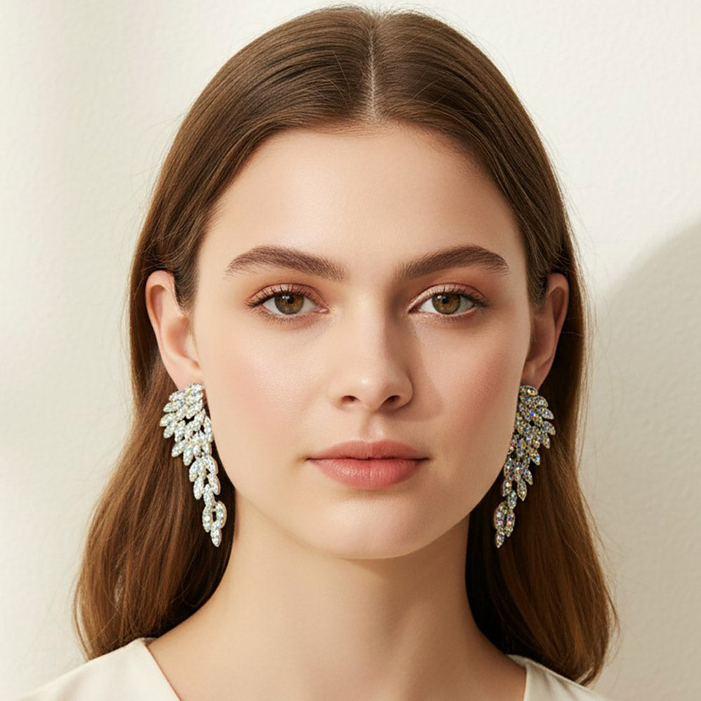 Rhinestone Pave Leaf Cascade Drop Evening Earrings