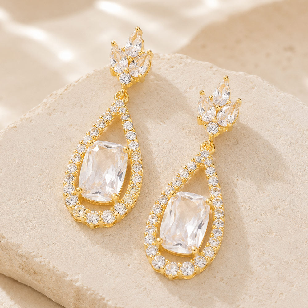 CZ Oval Accented Teardrop Dangle Evening Earrings