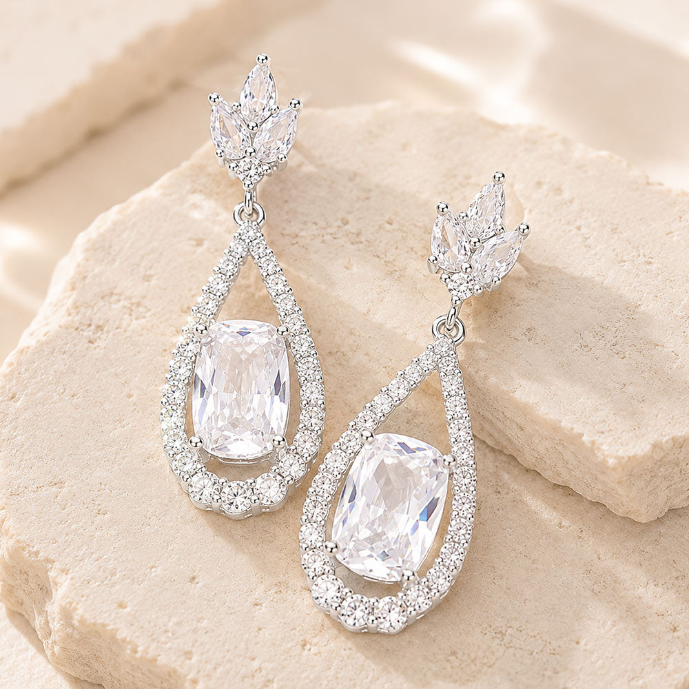 CZ Oval Accented Teardrop Dangle Evening Earrings