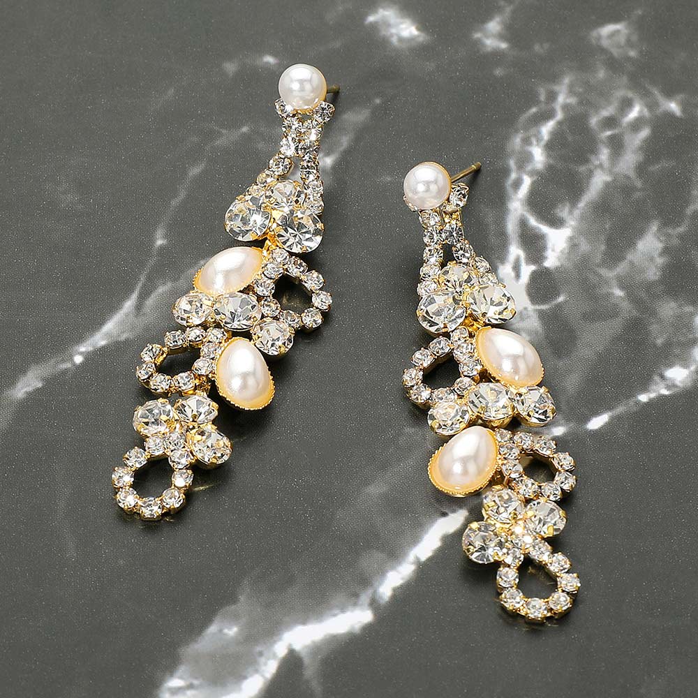 Rhinestone Pearl Eyelet Drop Evening Earrings